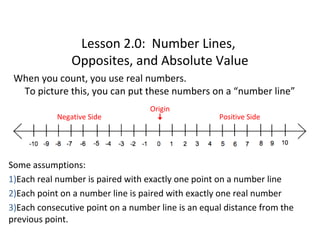 Lesson 2.0: Number Lines,
Opposites, and Absolute Value
When you count, you use real numbers.
To picture this, you can put these numbers on a “number line”
Some assumptions:
1)Each real number is paired with exactly one point on a number line
2)Each point on a number line is paired with exactly one real number
3)Each consecutive point on a number line is an equal distance from the
previous point.
Origin
Positive SideNegative Side
 