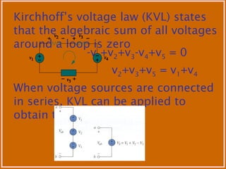 Kirchhoff’s voltage law (KVL) states
that the algebraic sum of all voltages
around a loop is zero
-v1+v2+v3-v4+v5 = 0
v2+v3+v5 = v1+v4
When voltage sources are connected
in series, KVL can be applied to
obtain the total voltage
 