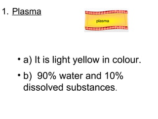 1. Plasma
plasma
• a) It is light yellow in colour.
• b) 90% water and 10%
dissolved substances.
 