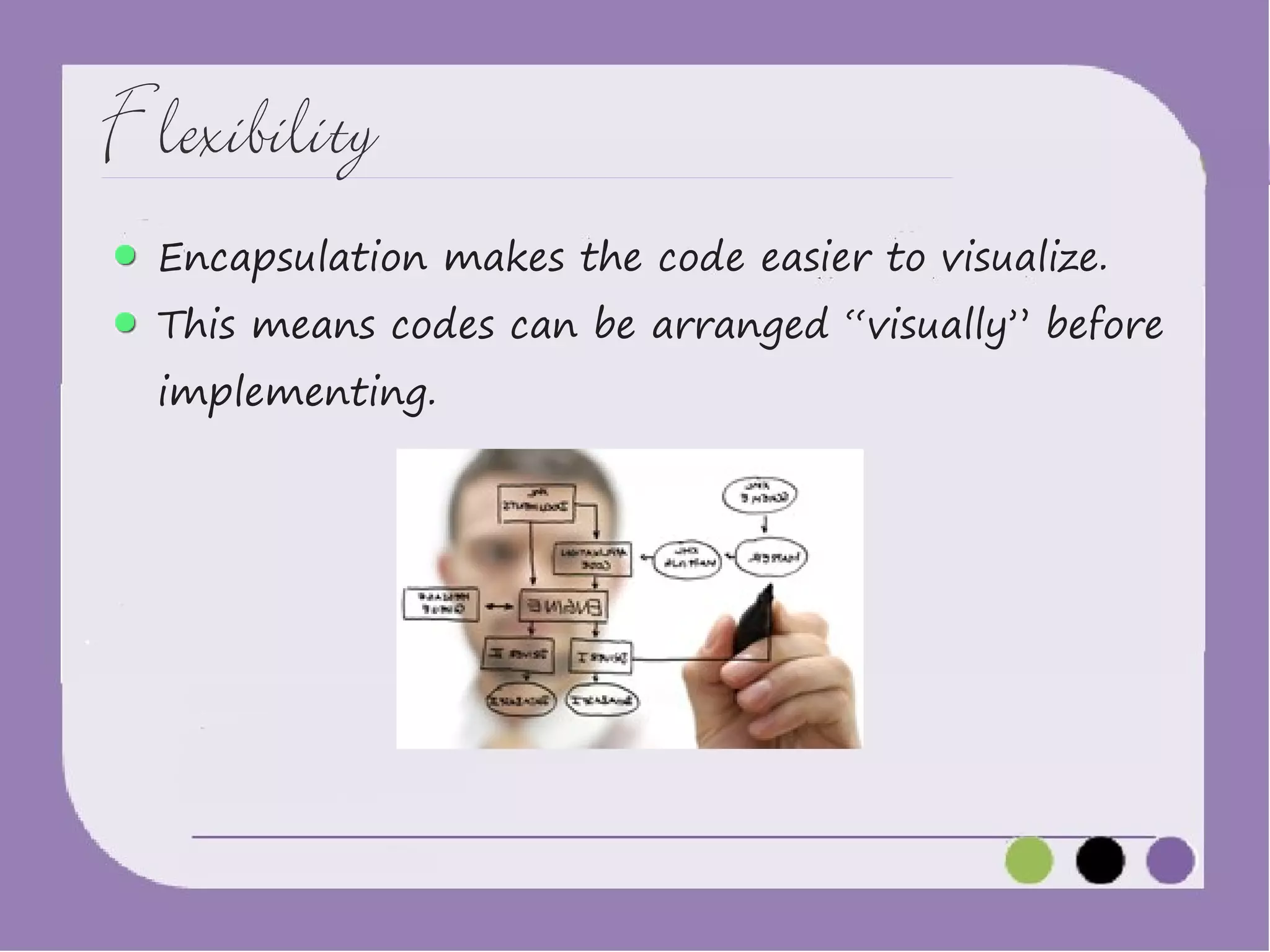 Flexibility
Encapsulation makes the code easier to visualize.

This means codes can be arranged “visually” before
implementing.

 
