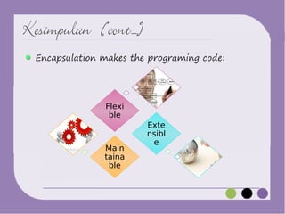 Kesimpulan (cont.. .)
Encapsulation makes the programing code:

Flexi
ble

Main
taina
ble

Exte
nsibl
e

 