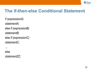 The if-then-else Conditional Statement
if (expressionA)
statementA;
else if (expressionB)
statementB;
else if (expressionC)
statementC;
…
else
statementZZ;
10

 