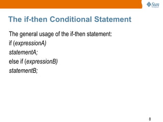 The if-then Conditional Statement
The general usage of the if-then statement:
if (expressionA)
statementA;
else if (expressionB)
statementB;

8

 