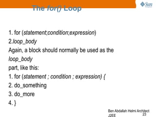 The for() Loop
1. for (statement;condition;expression)
2.loop_body
Again, a block should normally be used as the
loop_body...