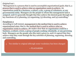 Original text :
"Management is a process that is used to accomplish organizational goals; that is, a
process that is used to achieve what an organization wants to achieve. An
organization could be a business, a school, a city, a group of volunteers, or any
governmental entity. Managers are the people to whom this management task is
assigned, and it is generally thought that they achieve the desired goals through the
key functions of (1) planning, (2) organizing, (3) directing, and (4) controlling.“
Paraphrase 2
According to Luft (2000), management is the method that is used to achieve
organisational aims; that is, the method that is used to achieve what an
organisation wants to achieve. He makes clear that an organisation could be a
business, a school, a town, a group of people working voluntarily, or any governing
body. Managers are the people who this task is given to, and it is agreed that they
achieve what they want through the key activities of planning, organising, directing
and controlling.
Too similar to original although some vocabulary has been changed
= PLAGIARISM

 