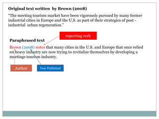 Original text written by Brown (2008)
“The meeting tourism market have been vigorously pursued by many former
industrial cities in Europe and the U.S. as part of their strategies of post industrial urban regeneration.”

Paraphrased text

reporting verb

Brown (2008) notes that many cities in the U.S. and Europe that once relied
on heavy industry are now trying to revitalize themselves by developing a
meetings tourism industry.

Author

Year Published

 
