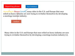Reporting phrase

Year Published

According to Brown (2008), many cities in the U.S. and Europe that once
relied on heavy industry are now trying to revitalize themselves by developing
a meetings tourism industry.
Author

Many cities in the U.S. and Europe that once relied on heavy industry are now
trying to revitalize themselves by developing a meetings tourism industry [1].

 