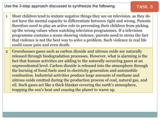 Use the 3-step approach discussed to synthesize the following:

Task 5

1

Most children tend to imitate negative things they see on television, as they do
not have the mental capacity to differentiate between right and wrong. Parents
therefore need to play an active role in preventing their children from picking
up the wrong values when watching television programmes. If a television
programme contains a scene showing violence, parents need to stress the fact
that violence is not the best way to solve a problem. Such violence in real life
could cause pain and even death.

2

Greenhouses gases such as carbon dioxide and nitrous oxide are naturally
released through biodegradation processes. However, what is alarming is the
fact that human activities are adding to the naturally occurring gases at an
unprecedented level. Carbon dioxide is released into the atmosphere through
the burning of fossil fuels used in electricity generation and automobile
combustion. Industrial activities produce large amounts of methane and
nitrous oxide emitted during the production process of coal, natural gas, and
oil. Such gases act like a thick blanket covering the earth‟s atmosphere,
trapping the sun's heat and causing the planet to warm up.

 