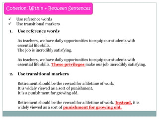 Cohesion: Within + Between Sentences


1.

Use reference words
Use transitional markers
Use reference words

As teachers, we have daily opportunities to equip our students with
essential life skills.
The job is incredibly satisfying.
As teachers, we have daily opportunities to equip our students with
essential life skills. These privileges make our job incredibly satisfying.
2.

Use transitional markers
Retirement should be the reward for a lifetime of work.
It is widely viewed as a sort of punishment.
It is a punishment for growing old.
Retirement should be the reward for a lifetime of work. Instead, it is
widely viewed as a sort of punishment for growing old.

 
