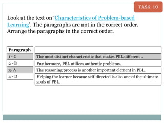 Task 10

Look at the text on „Characteristics of Problem-based
Learning‟. The paragraphs are not in the correct order.
Arrange the paragraphs in the correct order.
Paragraph
1-C

The most distinct characteristic that makes PBL different ..

2-B

Furthermore, PBL utilizes authentic problems.

3- A

The reasoning process is another important element in PBL.

4-D

Helping the learner become self-directed is also one of the ultimate
goals of PBL.

 