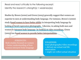 Read and react critically to the following excerpt:

Identify the research’s strength(s) + weakness(es)
Studies by Brown (2000) and Green (2003) generally suggest that women are
superior to men at understanding body language. For instance, Brown‟s (2000)
study found women to have better ability in interpreting body language by
looking at facial expression photographs. Likewise, in asking both men and
women to interpret body language by looking at video recordings, Green
(2003) too found women to provide better interpretations.
STRENGTH:
Both studies focused on women
= better understanding of how
women interpret body language

WEAKNESS:
Used photographs/video recordings
= did not use actual real life
observation
= might not reflect actual situation
57

 