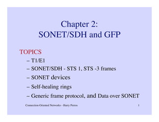 Chapter 2:
SONET/SDH and GFP
TOPICS
– T1/E1
– SONET/SDH - STS 1, STS -3 frames
– SONET devices
– Self-healing rings
– Generic frame protocol, and Data over SONET
Connection-Oriented Networks - Harry Perros

1

 