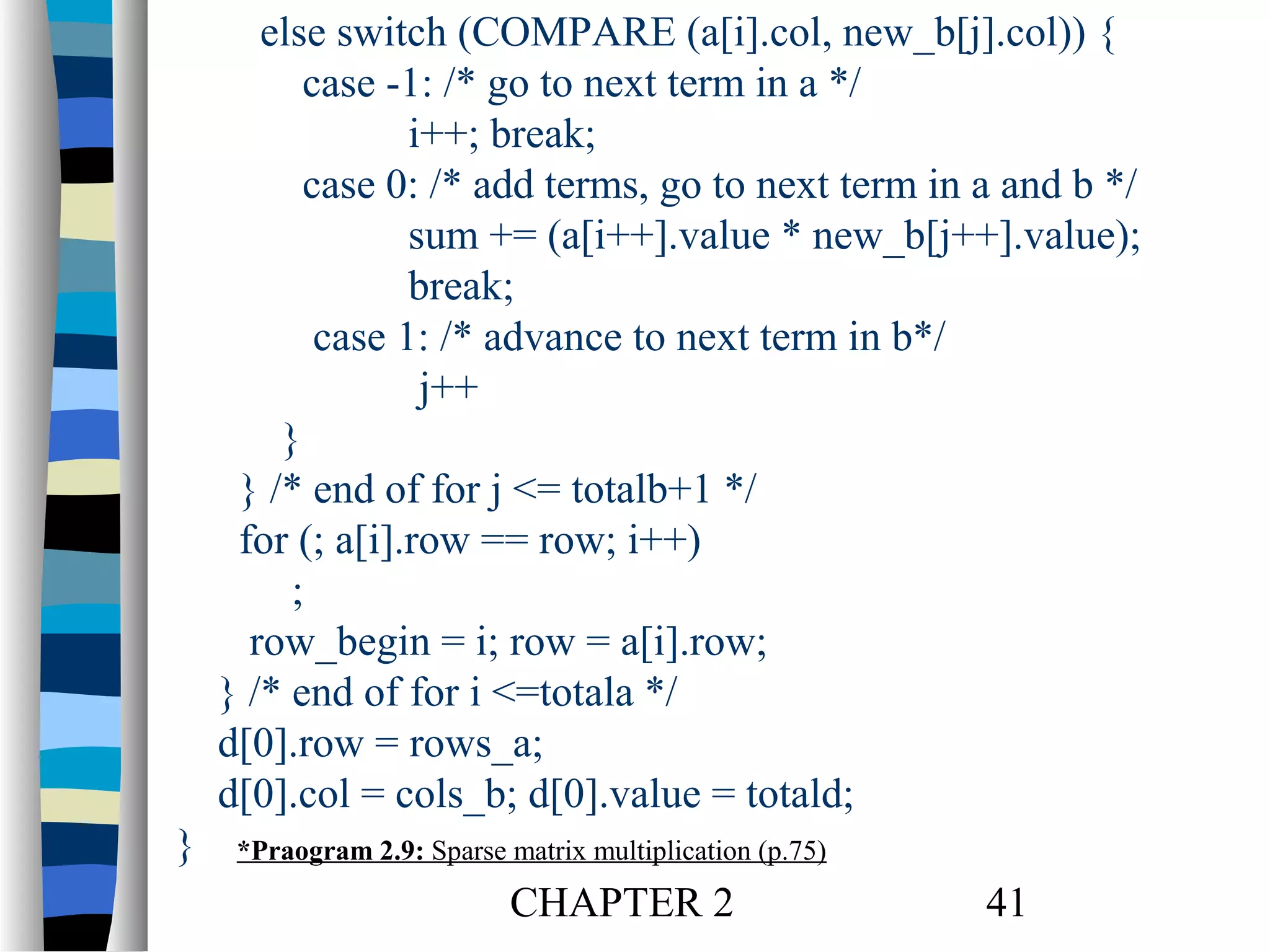 else switch (COMPARE (a[i].col, new_b[j].col)) {
case -1: /* go to next term in a */
i++; break;
case 0: /* add terms, go to next term in a and b */
sum += (a[i++].value * new_b[j++].value);
break;
case 1: /* advance to next term in b*/
j++
}
} /* end of for j <= totalb+1 */
for (; a[i].row == row; i++)
;
row_begin = i; row = a[i].row;
} /* end of for i <=totala */
d[0].row = rows_a;
d[0].col = cols_b; d[0].value = totald;
}

*Praogram 2.9: Sparse matrix multiplication (p.75)

CHAPTER 2

41

 