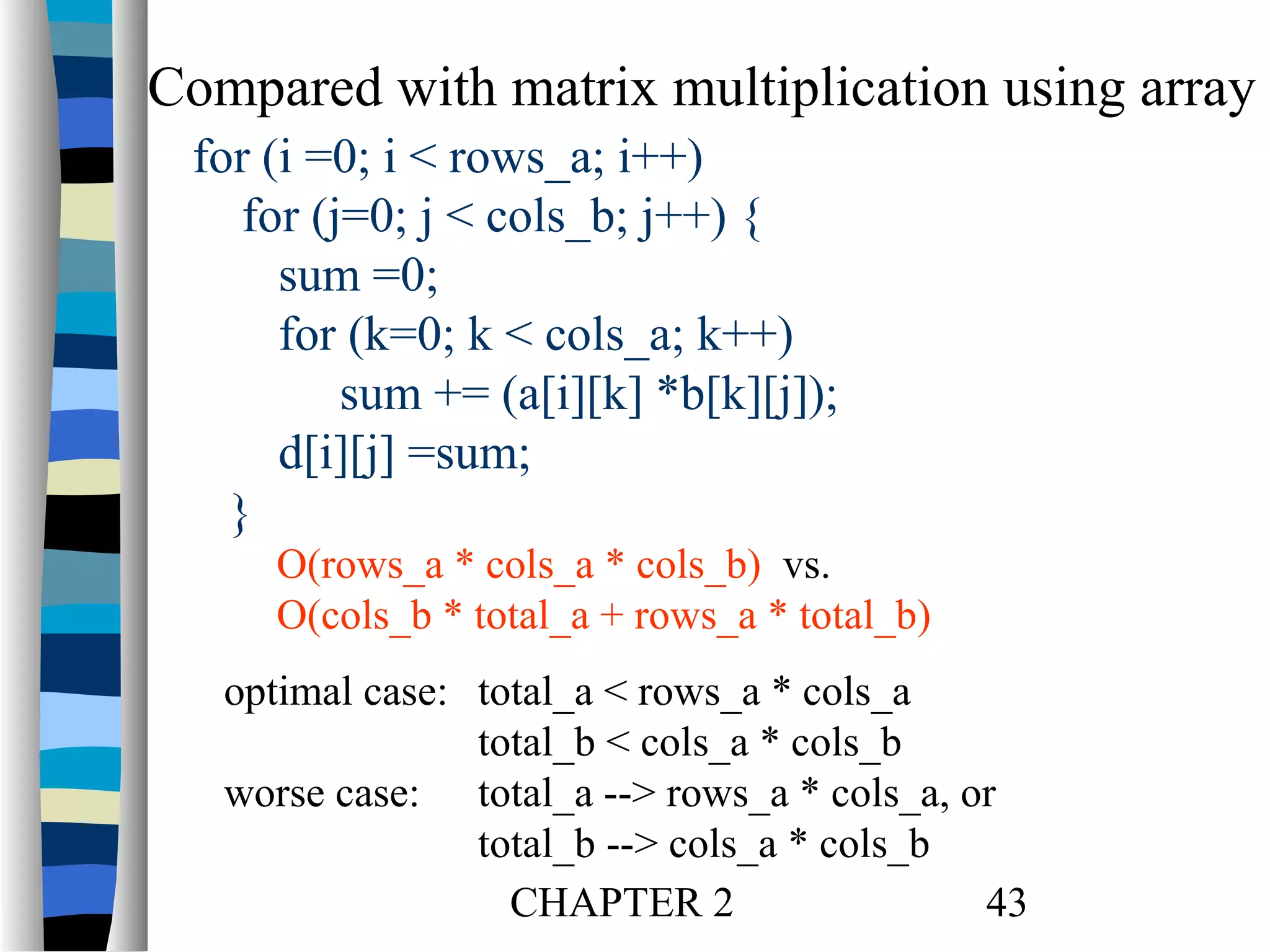 Compared with matrix multiplication using array
for (i =0; i < rows_a; i++)
for (j=0; j < cols_b; j++) {
sum =0;
for (k=0; k < cols_a; k++)
sum += (a[i][k] *b[k][j]);
d[i][j] =sum;
}
O(rows_a * cols_a * cols_b) vs.
O(cols_b * total_a + rows_a * total_b)
optimal case: total_a < rows_a * cols_a
total_b < cols_a * cols_b
worse case: total_a --> rows_a * cols_a, or
total_b --> cols_a * cols_b
CHAPTER 2
43

 