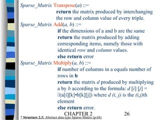 Sparse_Matrix Transpose(a) ::=
return the matrix produced by interchanging
the row and column value of every triple.
Sparse_Matrix Add(a, b) ::=
if the dimensions of a and b are the same
return the matrix produced by adding
corresponding items, namely those with
identical row and column values.
else return error
Sparse_Matrix Multiply(a, b) ::=
if number of columns in a equals number of
rows in b
return the matrix d produced by multiplying
a by b according to the formula: d [i] [j] =
(a[i][k]•b[k][j]) where d (i, j) is the (i,j)th
element
else return error.
CHAPTER 2
26
* Structure 2.3: Abstract data type Sparse-Matrix (p.68)

 
