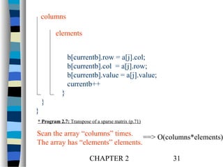 columns
elements
b[currentb].row = a[j].col;
b[currentb].col = a[j].row;
b[currentb].value = a[j].value;
currentb++
}
}
}
* Program 2.7: Transpose of a sparse matrix (p.71)

Scan the array “columns” times. ==> O(columns*elements)
The array has “elements” elements.
CHAPTER 2

31

 