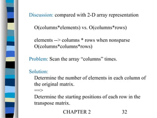 Discussion: compared with 2-D array representation
O(columns*elements) vs. O(columns*rows)
elements --> columns * rows when nonsparse
O(columns*columns*rows)
Problem: Scan the array “columns” times.
Solution:
Determine the number of elements in each column of
the original matrix.
==>
Determine the starting positions of each row in the
transpose matrix.
CHAPTER 2

32

 