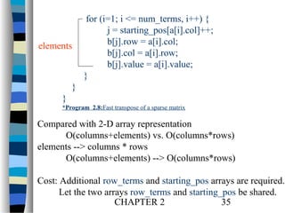 elements

for (i=1; i <= num_terms, i++) {
j = starting_pos[a[i].col]++;
b[j].row = a[i].col;
b[j].col = a[i].row;
b[j].value = a[i].value;
}

}
}
*Program 2.8:Fast transpose of a sparse matrix

Compared with 2-D array representation
O(columns+elements) vs. O(columns*rows)
elements --> columns * rows
O(columns+elements) --> O(columns*rows)
Cost: Additional row_terms and starting_pos arrays are required.
Let the two arrays row_terms and starting_pos be shared.
CHAPTER 2
35

 