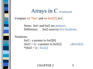 Arrays in C (Continued)
Compare int *list1 and int list2[5] in C.
Same: list1 and list2 are pointers.
Difference: list2 reserves five locations.
Notations:
list2 - a pointer to list2[0]
(list2 + i) - a pointer to list2[i]
*(list2 + i) - list2[i]

CHAPTER 2

(&list2[i])

5

 