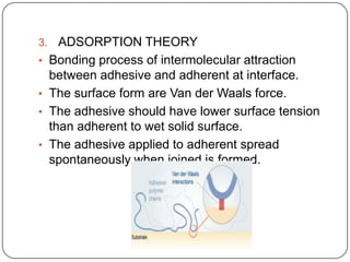 3.
•
•
•

•

ADSORPTION THEORY
Bonding process of intermolecular attraction
between adhesive and adherent at interface.
The surface form are Van der Waals force.
The adhesive should have lower surface tension
than adherent to wet solid surface.
The adhesive applied to adherent spread
spontaneously when joined is formed.

 
