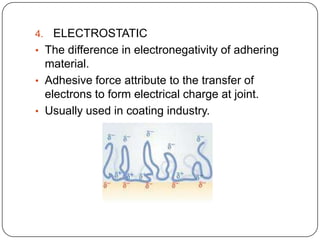 ELECTROSTATIC
• The difference in electronegativity of adhering
material.
• Adhesive force attribute to the transfer of
electrons to form electrical charge at joint.
• Usually used in coating industry.
4.

 