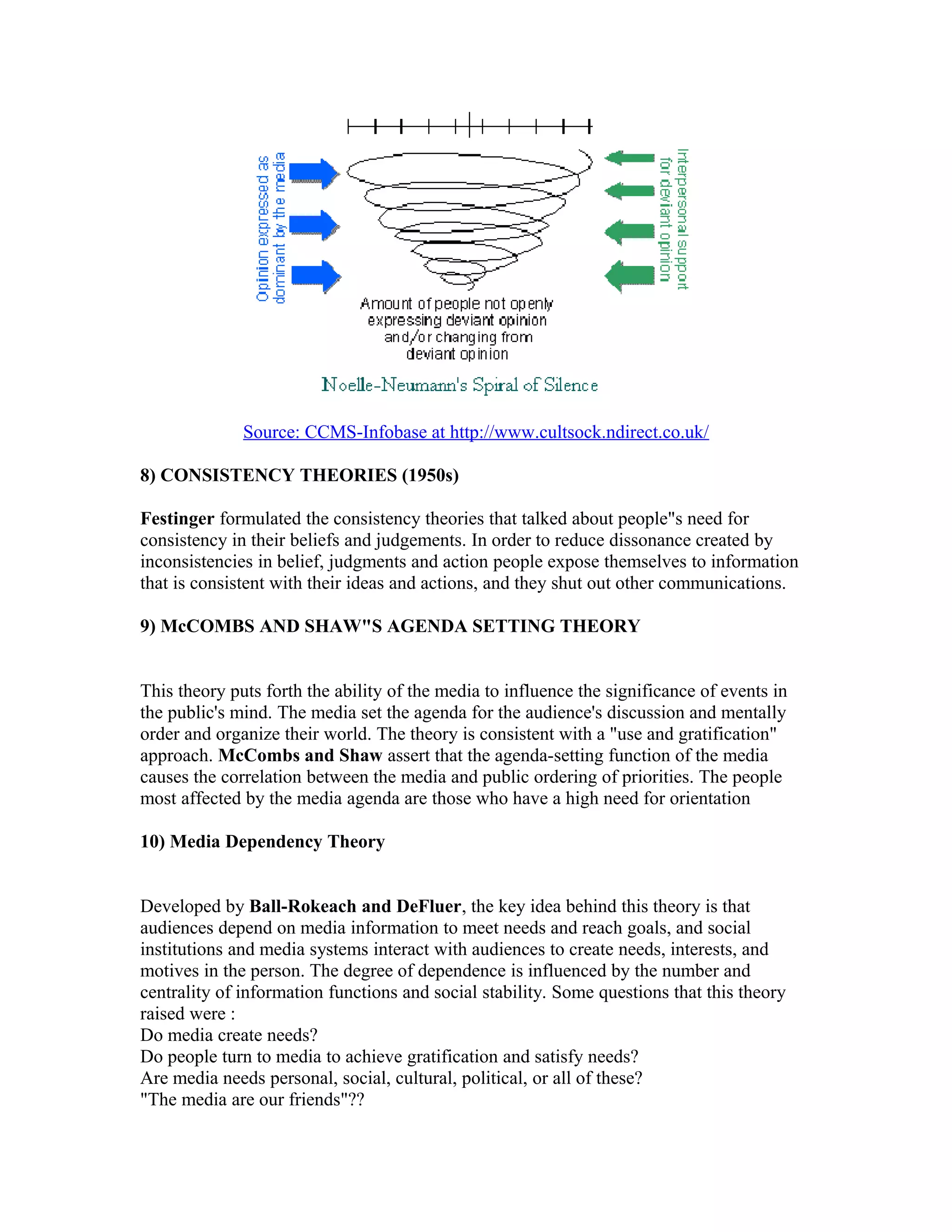 Source: CCMS-Infobase at http://www.cultsock.ndirect.co.uk/
8) CONSISTENCY THEORIES (1950s)
Festinger formulated the consistency theories that talked about people"s need for
consistency in their beliefs and judgements. In order to reduce dissonance created by
inconsistencies in belief, judgments and action people expose themselves to information
that is consistent with their ideas and actions, and they shut out other communications.
9) McCOMBS AND SHAW"S AGENDA SETTING THEORY
This theory puts forth the ability of the media to influence the significance of events in
the public's mind. The media set the agenda for the audience's discussion and mentally
order and organize their world. The theory is consistent with a "use and gratification"
approach. McCombs and Shaw assert that the agenda-setting function of the media
causes the correlation between the media and public ordering of priorities. The people
most affected by the media agenda are those who have a high need for orientation
10) Media Dependency Theory
Developed by Ball-Rokeach and DeFluer, the key idea behind this theory is that
audiences depend on media information to meet needs and reach goals, and social
institutions and media systems interact with audiences to create needs, interests, and
motives in the person. The degree of dependence is influenced by the number and
centrality of information functions and social stability. Some questions that this theory
raised were :
Do media create needs?
Do people turn to media to achieve gratification and satisfy needs?
Are media needs personal, social, cultural, political, or all of these?
"The media are our friends"??

 