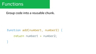 function add(number1, number2) {
return number1 + number2;
}
Functions
Group code into a reusable chunk.
 