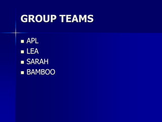 GROUP TEAMS
 APL
 LEA
 SARAH
 BAMBOO
 