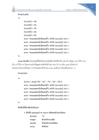 9
ง 30251 การเขียนโปรแกรมบนเว็บโรงเรียนสาธิตมหาวิทยาลัยขอนแก่น ฝ่ายมัธยมศึกษา (ศึกษาศาสตร์)
Array1.php
<?
$score[1] = 58;
$score[2] = 65;
$score[3] = 74;
$score[4] = 62;
$score[5] = 85;
echo “คะแนนสอบนักเรียนคนที่ 1 เท่ากับ $score[1] <br>”;
echo “คะแนนสอบนักเรียนคนที่ 2 เท่ากับ $score[2] <br>”;
echo “คะแนนสอบนักเรียนคนที่ 3 เท่ากับ $score[3] <br>”;
echo “คะแนนสอบนักเรียนคนที่ 4 เท่ากับ $score[4] <br>”;
echo “คะแนนสอบนักเรียนคนที่ 5 เท่ากับ $score[5] <br>”;
?>
Array หมายถึง ตัวแปรชุดที่ใช้เก็บตัวแปรชนิดเดียวกันไว้ด้วยกัน เช่น เก็บ ข้อมูล char ไว้กับ char
เก็บ int ไว้กับ int ไม่สามารถเก็บข้อมูลต่างชนิดกันได้ เช่น char กับ int เรียก array อีกอย่างว่า
หน่วยความจาแบ่งเป็นช่อง การกาหนดสมาชิกชิกของ array จะเขียนภายในเครื่องหมาย [ ]
Array2.php
<?
$score = array(“58”, “65”, “74”, “62”, “85”);
echo “คะแนนสอบนักเรียนคนที่ 1 เท่ากับ $score[1] <br>”;
echo “คะแนนสอบนักเรียนคนที่ 2 เท่ากับ $score[2] <br>”;
echo “คะแนนสอบนักเรียนคนที่ 3 เท่ากับ $score[3] <br>”;
echo “คะแนนสอบนักเรียนคนที่ 4 เท่ากับ $score[4] <br>”;
echo “คะแนนสอบนักเรียนคนที่ 5 เท่ากับ $score[5] <br>”;
?>
ฟังก์ชันที่เกี่ยวข้องกับตัวแปร
1. ฟังก์ชัน gettype() จะ return ชนิดของตัวแปรกลับมา
Boolean T-F
integer ตัวเลขจานวนเต็ม
double ตัวเลขจานวนทศนิยม
string ตัวอักษร
 