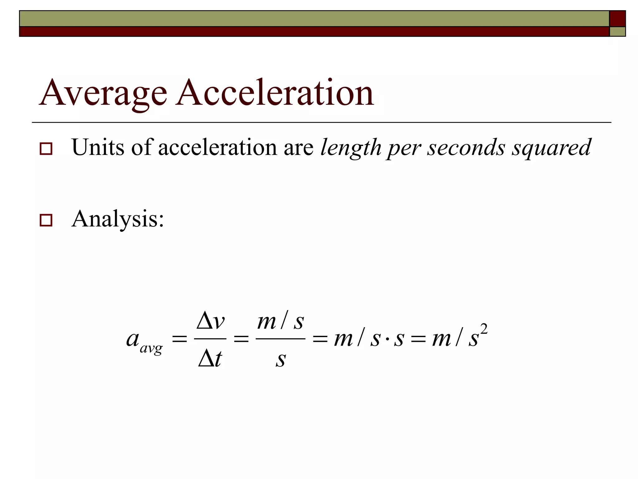 Average Acceleration
 Units of acceleration are length per seconds squared
 Analysis:
a
v
t
m s
s
m s s m savg     


/
/ / 2
 
