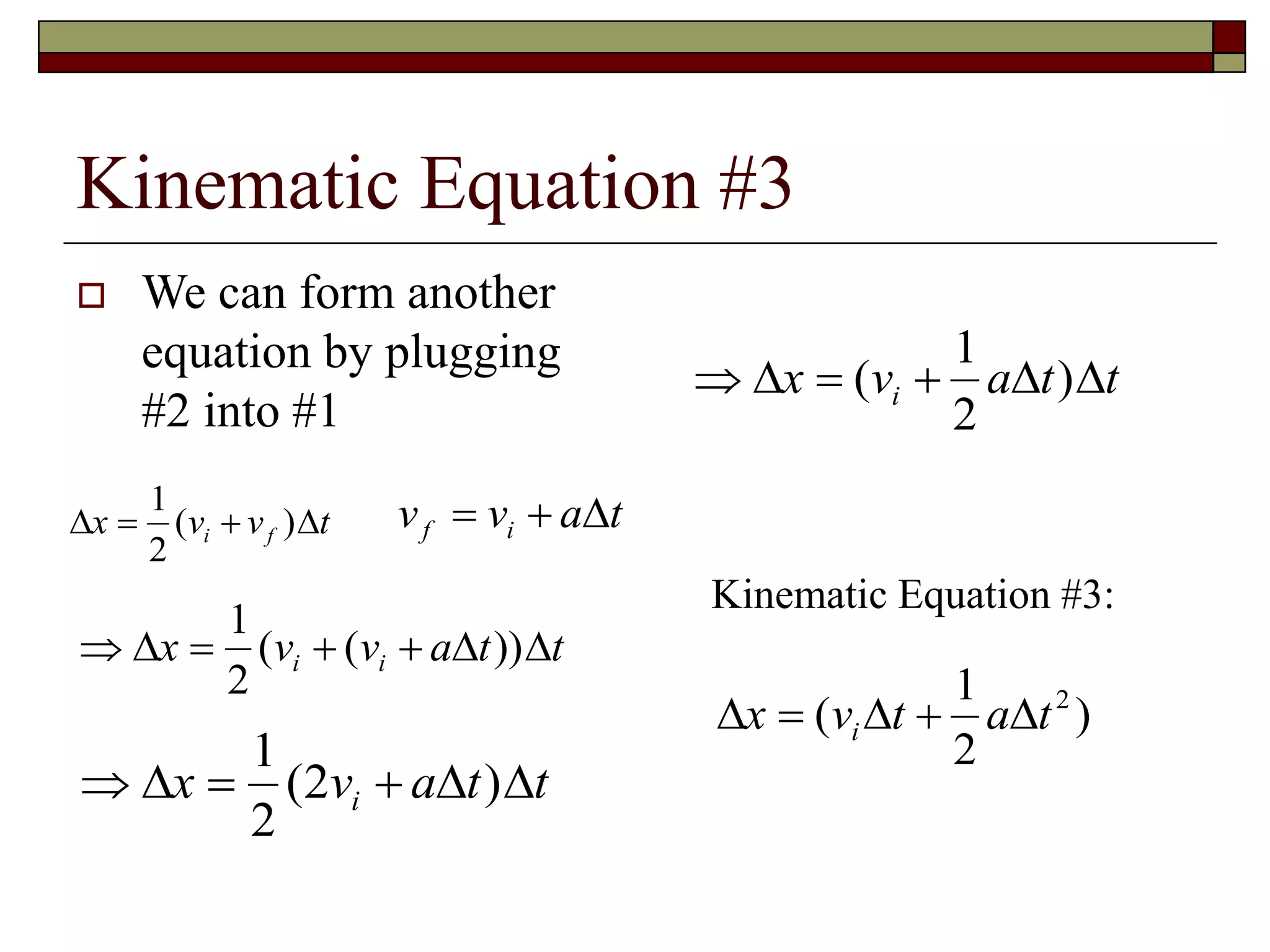 Kinematic Equation #3
 We can form another
equation by plugging
#2 into #1
 x v v ti f 
1
2
( ) v v a tf i  
     x v v a t ti i
1
2
( ( ))
    x v a t ti
1
2
2( )
    x v a t ti( )
1
2
Kinematic Equation #3:
  x v t a ti ( )
1
2
2
 