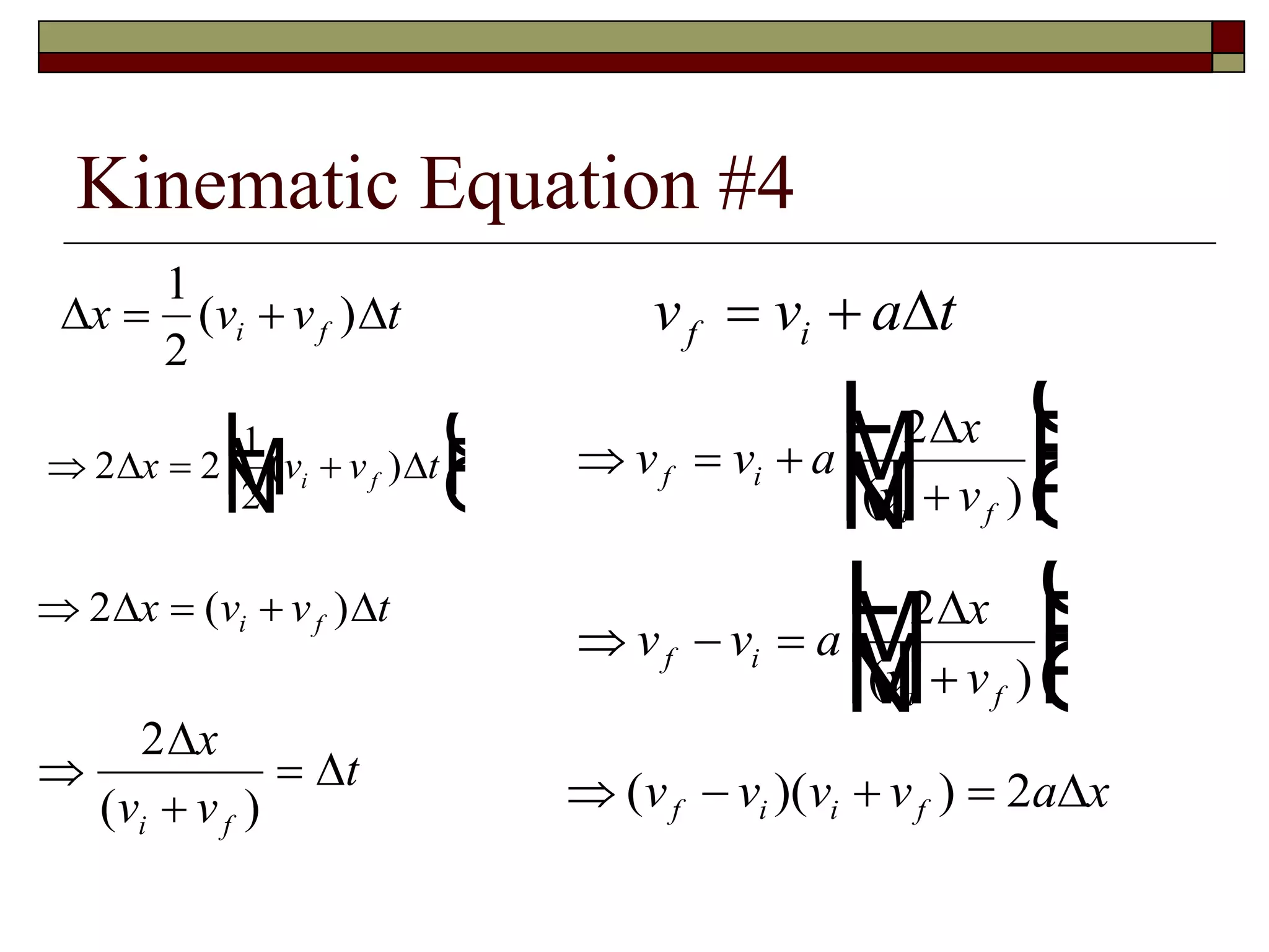 Kinematic Equation #4
 x v v ti f 
1
2
( )
  
L
NM O
QP2 2
1
2
 x v v ti f( )
  2 x v v ti f( )



2

x
v v
t
i f( )
v v a tf i  
  

L
N
MM
O
Q
PPv v a
x
v v
f i
i f
2
( )
  

L
N
MM
O
Q
PPv v a
x
v v
f i
i f
2
( )
   ( )( )v v v v a xf i i f 2 
 