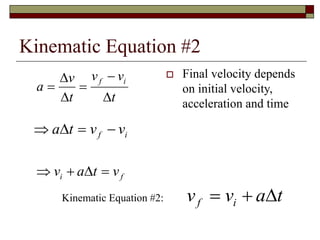 Kinematic Equation #2
 Final velocity depends
on initial velocity,
acceleration and time
a
v
t
v v
t
f i
 

 
  a t v vf i
  v a t vi f
v v a tf i  Kinematic Equation #2:
 