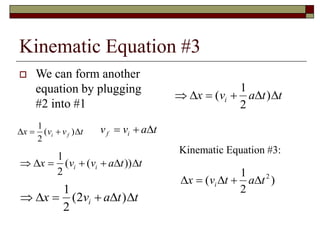 Kinematic Equation #3
 We can form another
equation by plugging
#2 into #1
 x v v ti f 
1
2
( ) v v a tf i  
     x v v a t ti i
1
2
( ( ))
    x v a t ti
1
2
2( )
    x v a t ti( )
1
2
Kinematic Equation #3:
  x v t a ti ( )
1
2
2
 