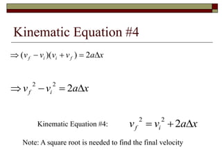 Kinematic Equation #4
   ( )( )v v v v a xf i i f 2 
  v v a xf i
2 2
2 
Kinematic Equation #4: v v a xf i
2 2
2  
Note: A square root is needed to find the final velocity
 