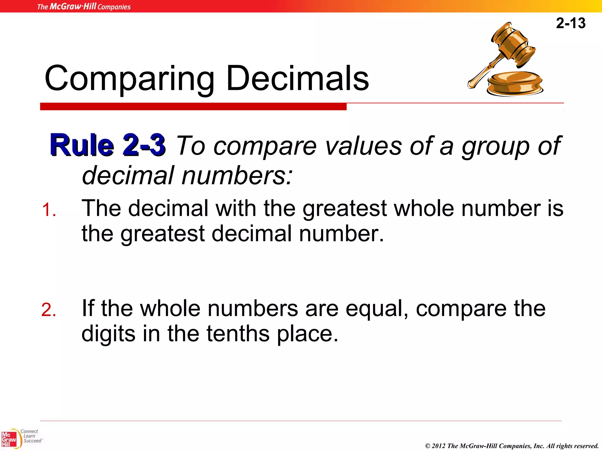 2-13 
Comparing Decimals 
RRuullee 22--33 To compare values of a group of 
decimal numbers: 
1. The decimal with the greatest whole number is 
© 2012 The McGraw-Hill Companies, Inc. All rights reserved. 
the greatest decimal number. 
2. If the whole numbers are equal, compare the 
digits in the tenths place. 
 