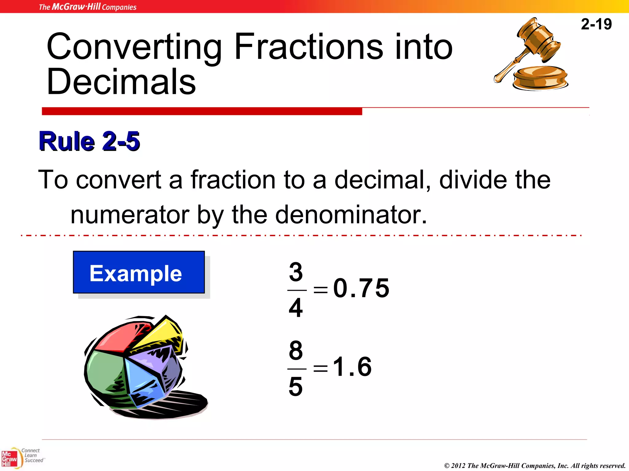 2-19 
Converting Fractions into 
Decimals 
RRuullee 22--55 
To convert a fraction to a decimal, divide the 
numerator by the denominator. 
© 2012 The McGraw-Hill Companies, Inc. All rights reserved. 
0.75 
3 = 
4 
1.6 
8 = 
5 
EExxaammppllee 
 