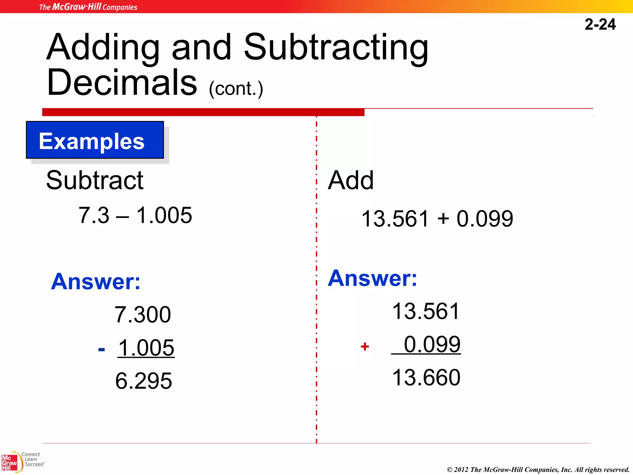 2-24 
© 2012 The McGraw-Hill Companies, Inc. All rights reserved. 
Adding and Subtracting 
Decimals (cont.) 
Subtract 
7.3 – 1.005 
Answer: 
7.300 
- 1.005 
6.295 
Add 
13.561 + 0.099 
Answer: 
13.561 
+ 0.099 
13.660 
EExxaammpplleess 
 