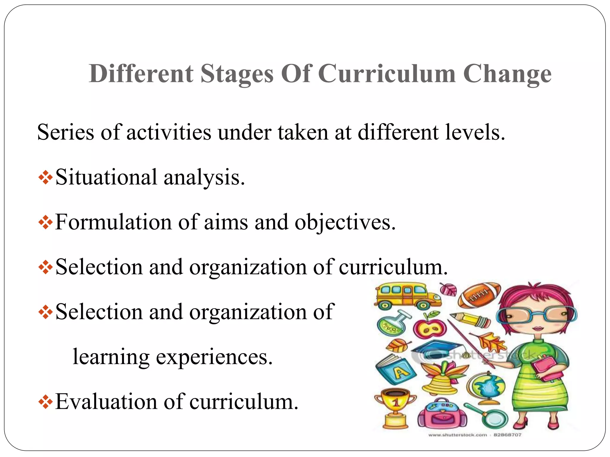 Different Stages Of Curriculum Change 
Series of activities under taken at different levels. 
Situational analysis. 
Formulation of aims and objectives. 
Selection and organization of curriculum. 
Selection and organization of 
learning experiences. 
Evaluation of curriculum. 
 