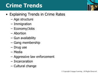 © Copyright Cengage Learning. All Rights Reserved. 
Crime Trends 
• Explaining Trends in Crime Rates 
– Age structure 
– Immigration 
– Economy/Jobs 
– Abortion 
– Gun availability 
– Gang membership 
– Drug use 
– Media 
– Aggressive law enforcement 
– Incarceration 
– Cultural change 
 