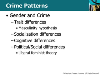 © Copyright Cengage Learning. All Rights Reserved. 
Crime Patterns 
• Gender and Crime 
– Trait differences 
• Masculinity hypothesis 
– Socialization differences 
– Cognitive differences 
– Political/Social differences 
• Liberal feminist theory 
 