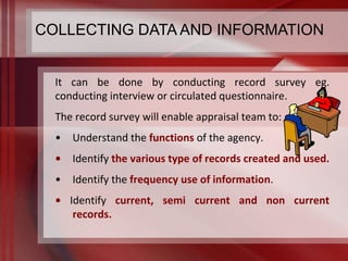 COLLECTING DATA AND INFORMATION 
It can be done by conducting record survey eg. 
conducting interview or circulated questionnaire. 
The record survey will enable appraisal team to: 
• Understand the functions of the agency. 
• Identify the various type of records created and used. 
• Identify the frequency use of information. 
• Identify current, semi current and non current 
records. 
 