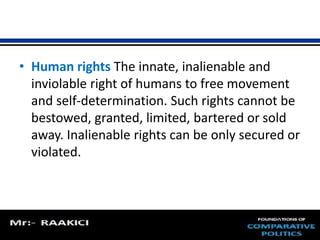 • Human rights The innate, inalienable and 
inviolable right of humans to free movement 
and self-determination. Such rights cannot be 
bestowed, granted, limited, bartered or sold 
away. Inalienable rights can be only secured or 
violated. 
 