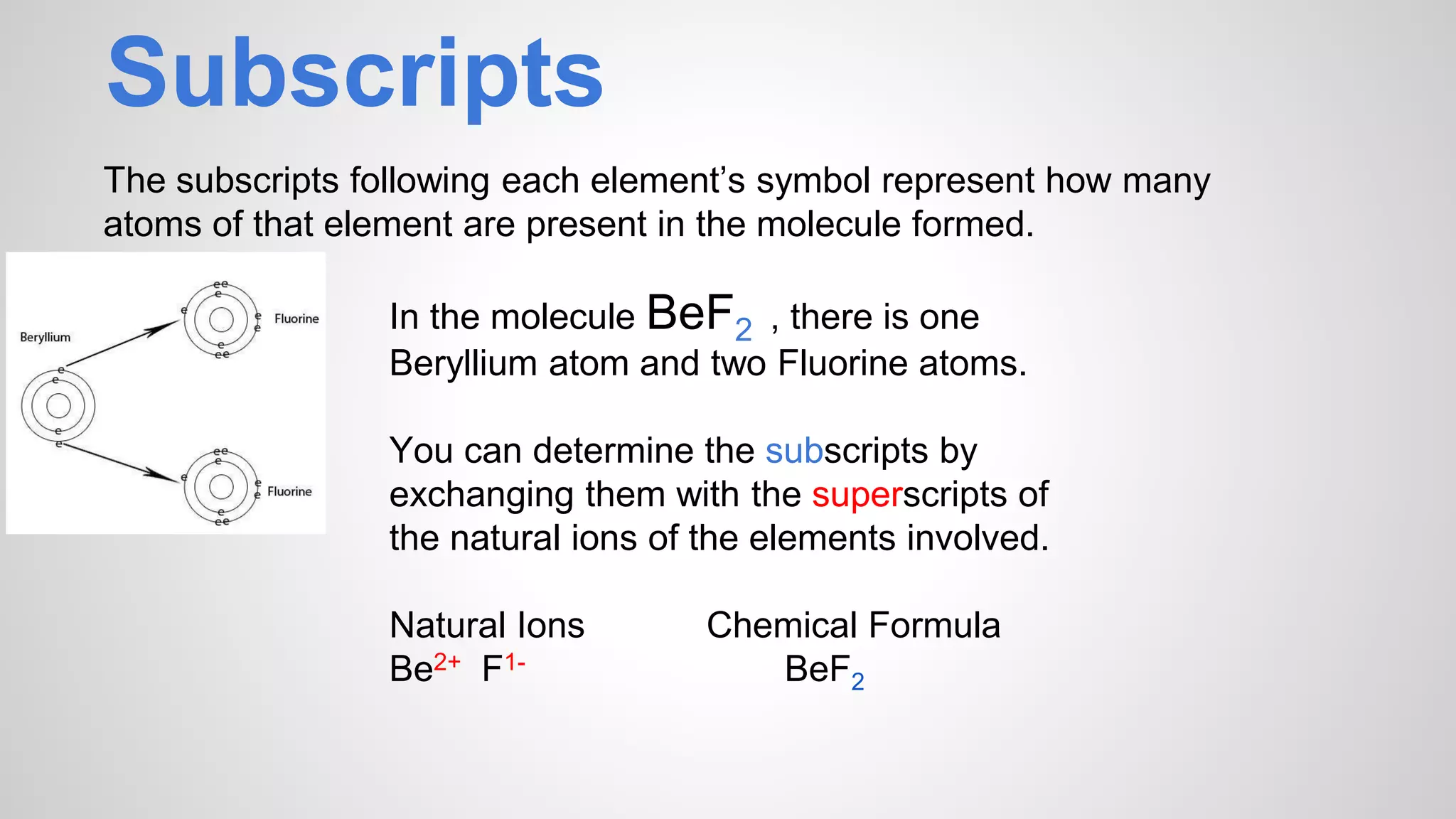 Subscripts 
The subscripts following each element’s symbol represent how many 
atoms of that element are present in the molecule formed. 
In the molecule BeF2 , there is one 
Beryllium atom and two Fluorine atoms. 
You can determine the subscripts by 
exchanging them with the superscripts of 
the natural ions of the elements involved. 
Natural Ions Chemical Formula 
Be2+ F1- BeF2 
 
