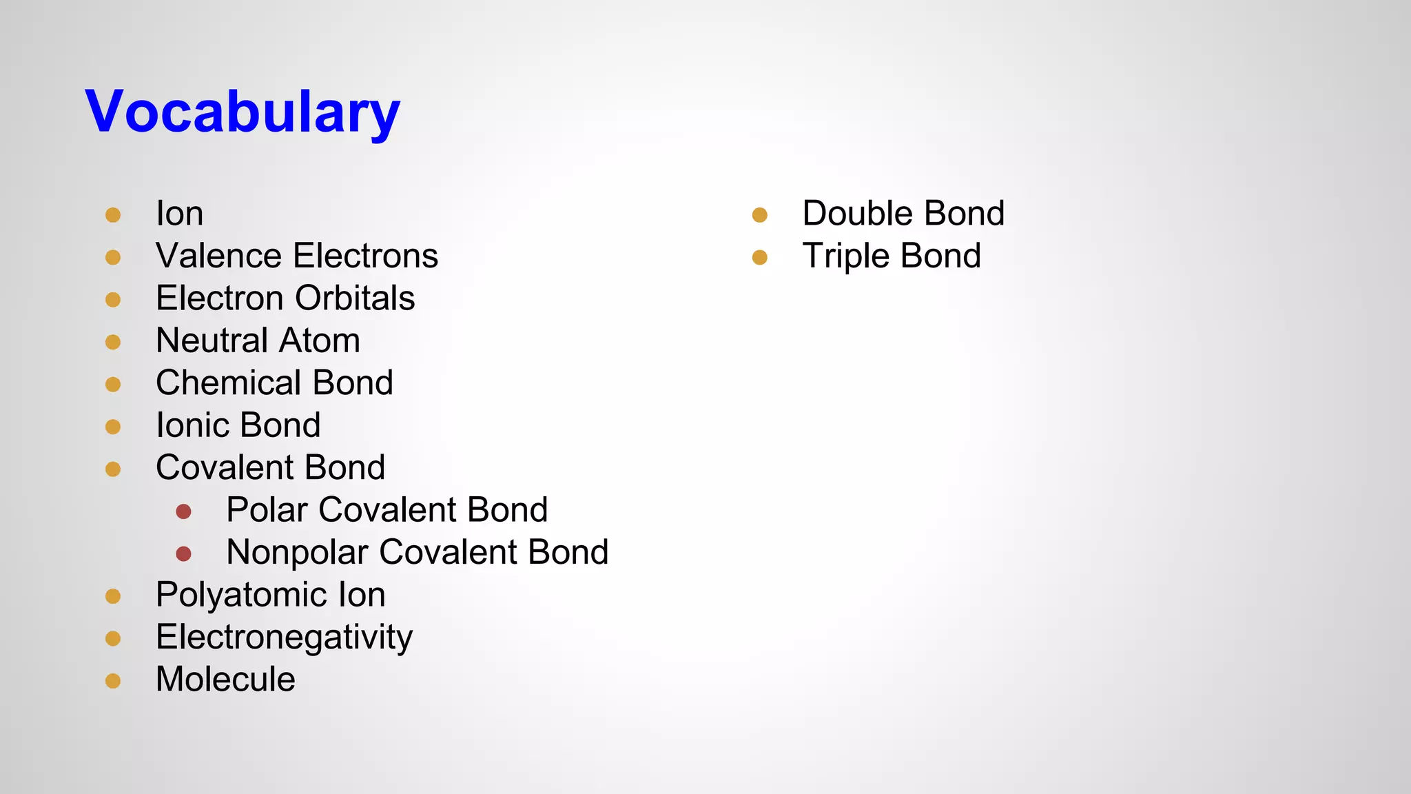 Vocabulary 
● Ion 
● Valence Electrons 
● Electron Orbitals 
● Neutral Atom 
● Chemical Bond 
● Ionic Bond 
● Covalent Bond 
● Polar Covalent Bond 
● Nonpolar Covalent Bond 
● Polyatomic Ion 
● Electronegativity 
● Molecule 
● Double Bond 
● Triple Bond 
 