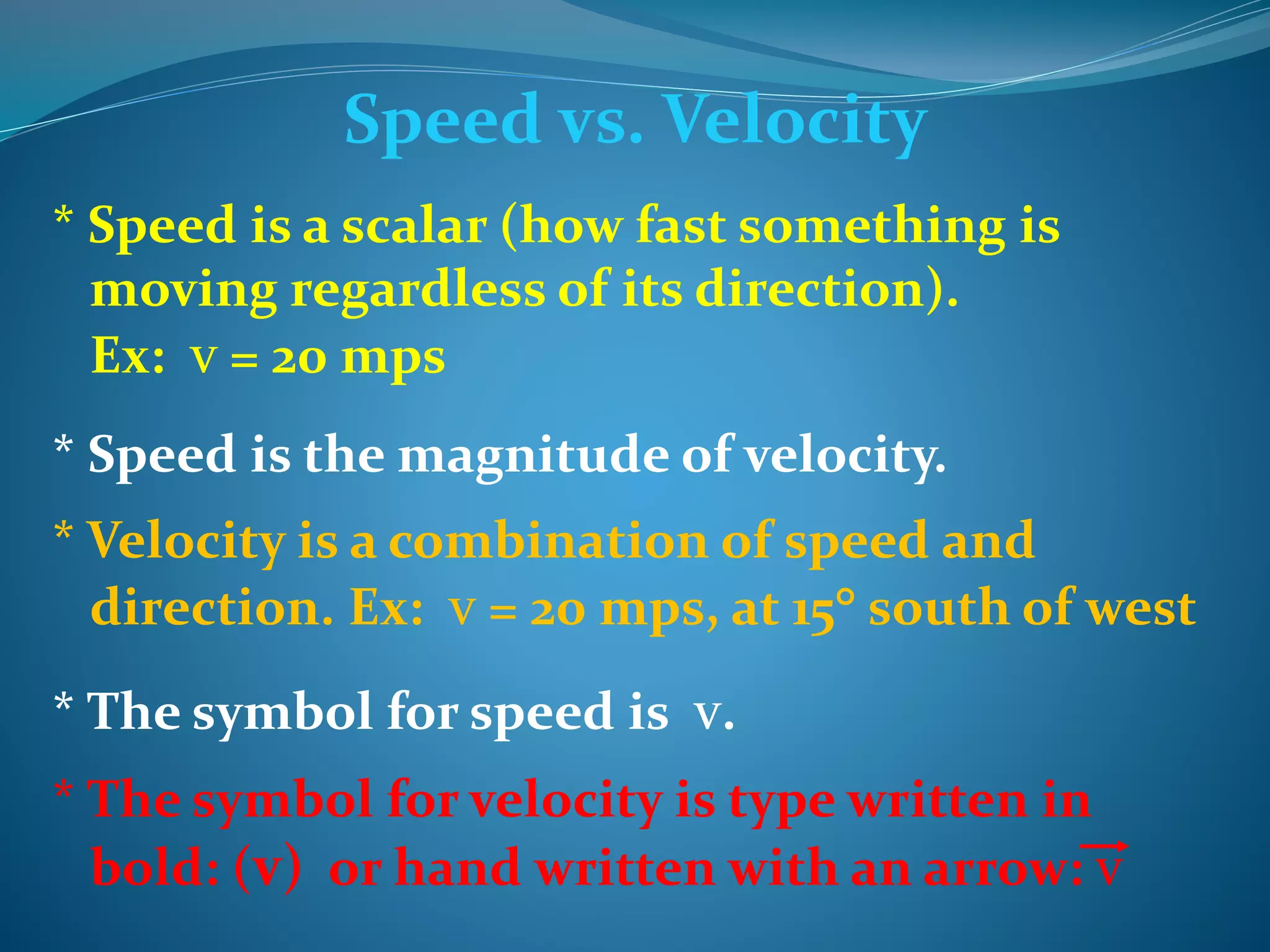 Speed vs. Velocity 
* Speed is a scalar (how fast something is 
moving regardless of its direction). 
Ex: v = 20 mps 
* Speed is the magnitude of velocity. 
* Velocity is a combination of speed and 
direction. Ex: v = 20 mps, at 15 south of west 
* The symbol for speed is v. 
* The symbol for velocity is type written in 
bold: (v) or hand written with an arrow: v 
 
