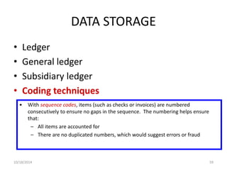 DATA STORAGE 
• Ledger 
• General ledger 
• Subsidiary ledger 
• Coding techniques 
• With sequence codes, items (such as checks or invoices) are numbered 
consecutively to ensure no gaps in the sequence. The numbering helps ensure 
that: 
– All items are accounted for 
– There are no duplicated numbers, which would suggest errors or fraud 
10/18/2014 59 
 