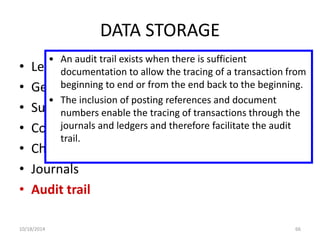 DATA STORAGE 
• An audit trail exists when there is sufficient 
• Ledger 
• General ledger 
• Subsidiary ledger 
• Coding techniques 
• Chart of accounts 
• Journals 
• Audit trail 
documentation to allow the tracing of a transaction from 
beginning to end or from the end back to the beginning. 
• The inclusion of posting references and document 
numbers enable the tracing of transactions through the 
journals and ledgers and therefore facilitate the audit 
trail. 
10/18/2014 66 
 