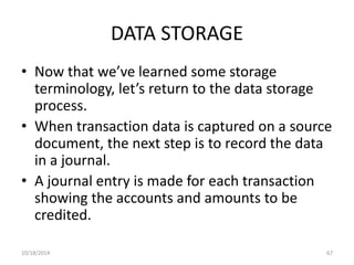 DATA STORAGE 
• Now that we’ve learned some storage 
terminology, let’s return to the data storage 
process. 
• When transaction data is captured on a source 
document, the next step is to record the data 
in a journal. 
• A journal entry is made for each transaction 
showing the accounts and amounts to be 
credited. 
10/18/2014 67 
 
