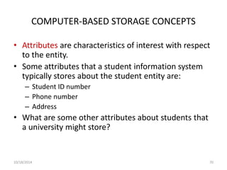 COMPUTER-BASED STORAGE CONCEPTS 
• Attributes are characteristics of interest with respect 
to the entity. 
• Some attributes that a student information system 
typically stores about the student entity are: 
– Student ID number 
– Phone number 
– Address 
• What are some other attributes about students that 
a university might store? 
10/18/2014 70 
 